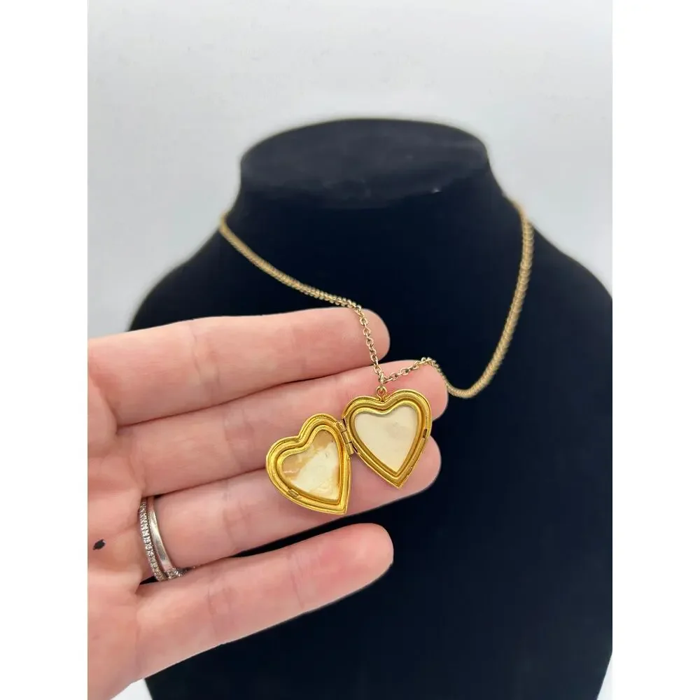 Vintage Locket Enamel Heart Rhinestone Flower Gold Tone Necklace Art Deco Floral